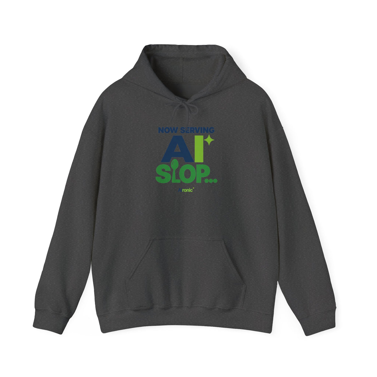 AIronic hoodie featuring "Now Serving AI Slop" AI humor design, gallery view 7