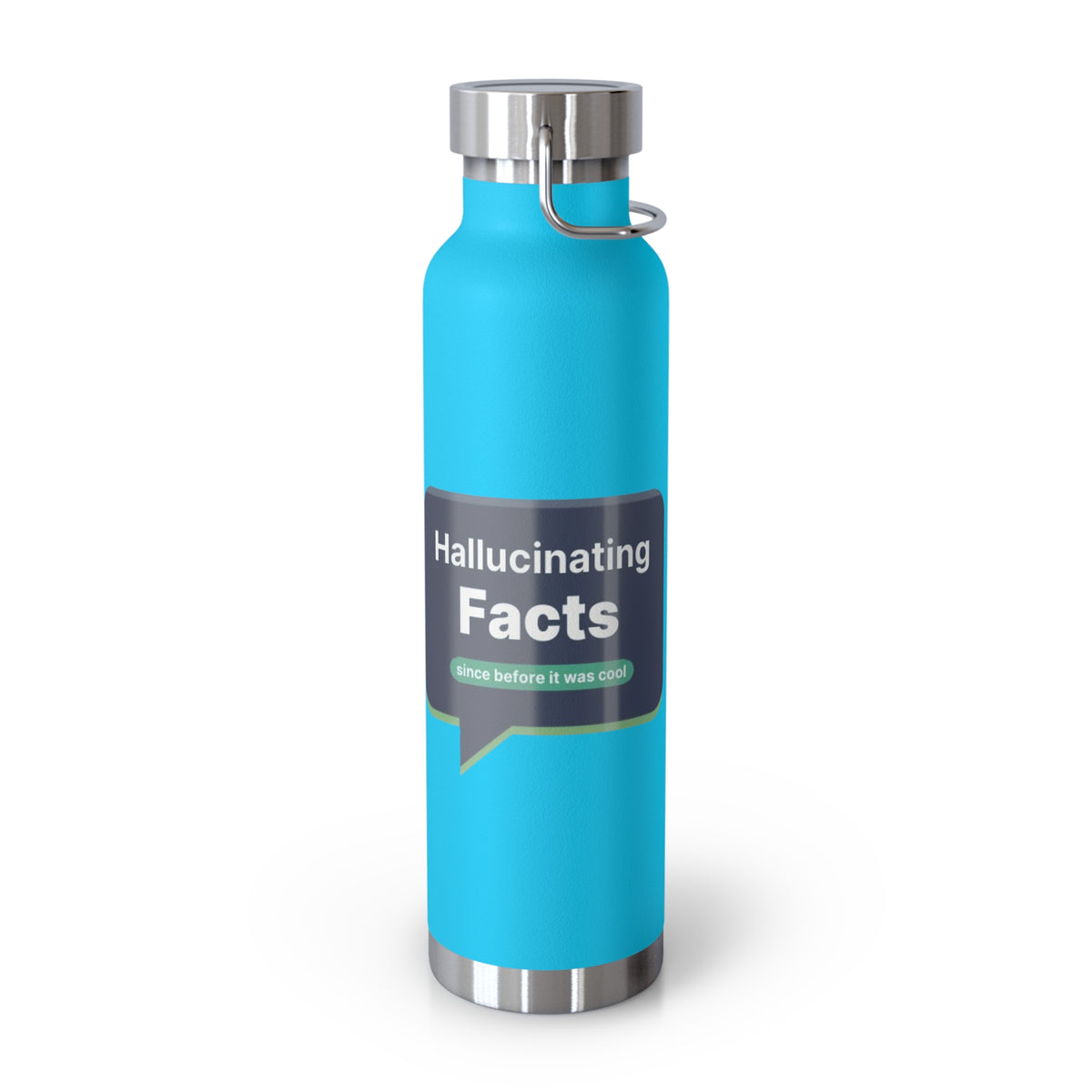 Pebble Blue Water Bottle featuring "Hallucinating Facts" AI humor design by AIronic, gallery view 7