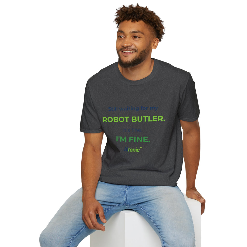 Natural T-shirt featuring “Still waiting for my robot butler” AI humor design by AIronic, catalog view 4