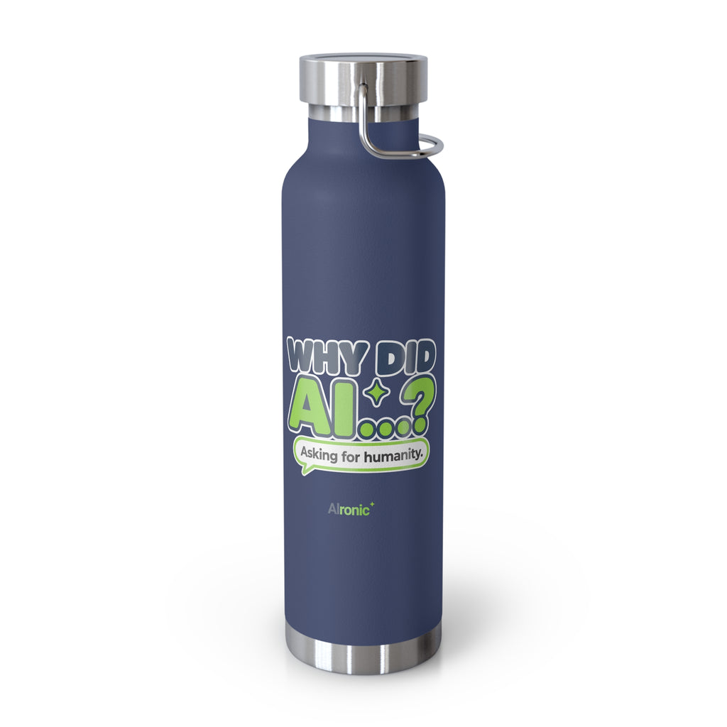 Mint Green water bottle featuring “Why did AI...?” AI humor design by AIronic, catalog view 4