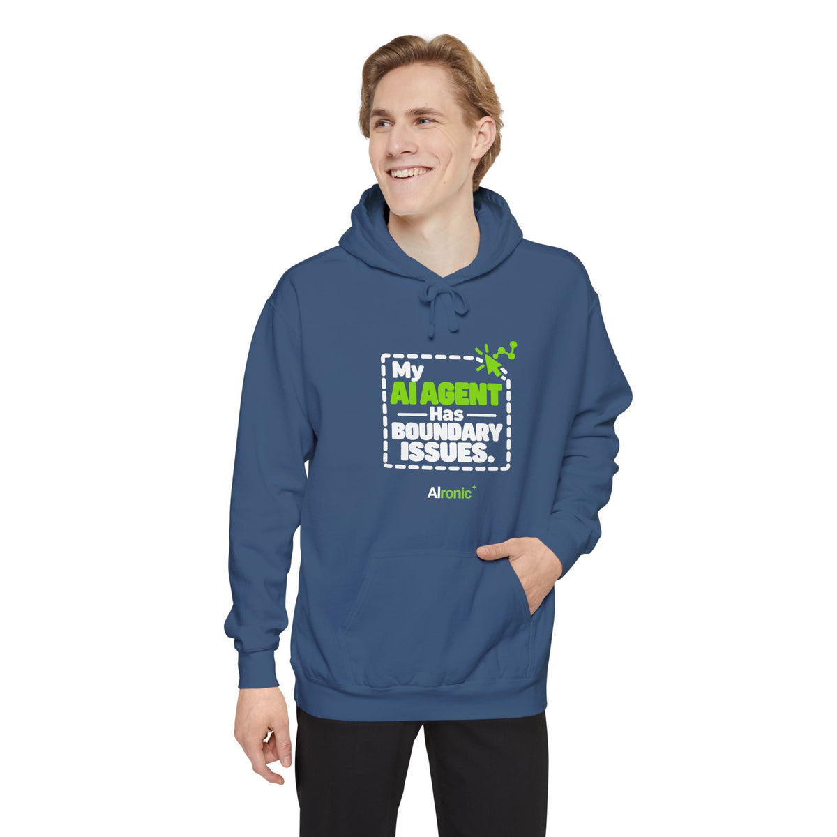 Pepper hoodie featuring “My AI agent has boundary issues” AI humor design by AIronic, catalog view 5
