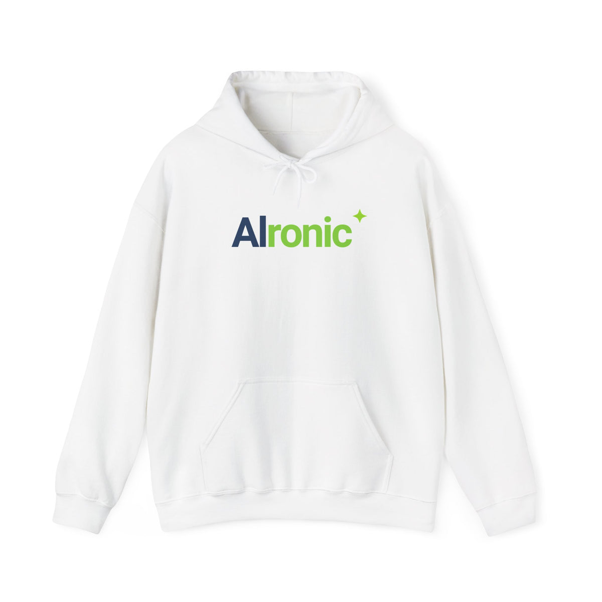 White hoodie featuring “AI created this shirt” AI humor design by AIronic, catalog view 2