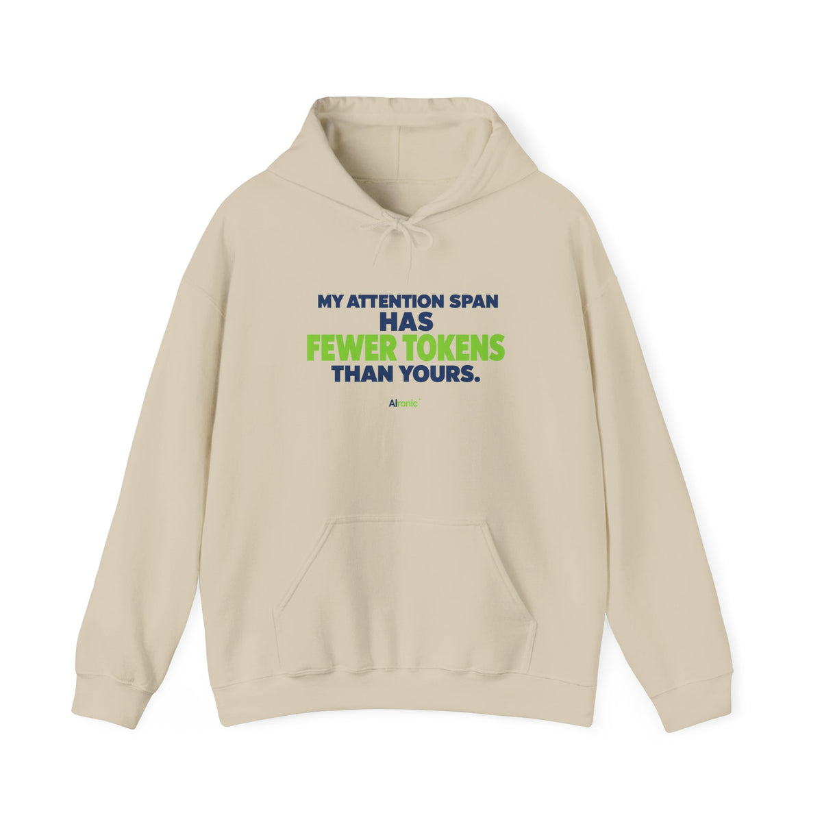 AIronic Hoodie featuring "My Attention Span Has Fewer Tokens Than Yours" AI humor design, gallery view 2