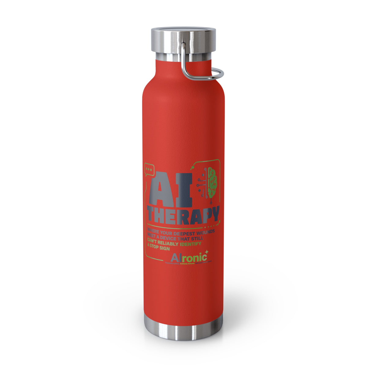 Red Water Bottle featuring "AI Therapy" AI humor design by AIronic, gallery view 2