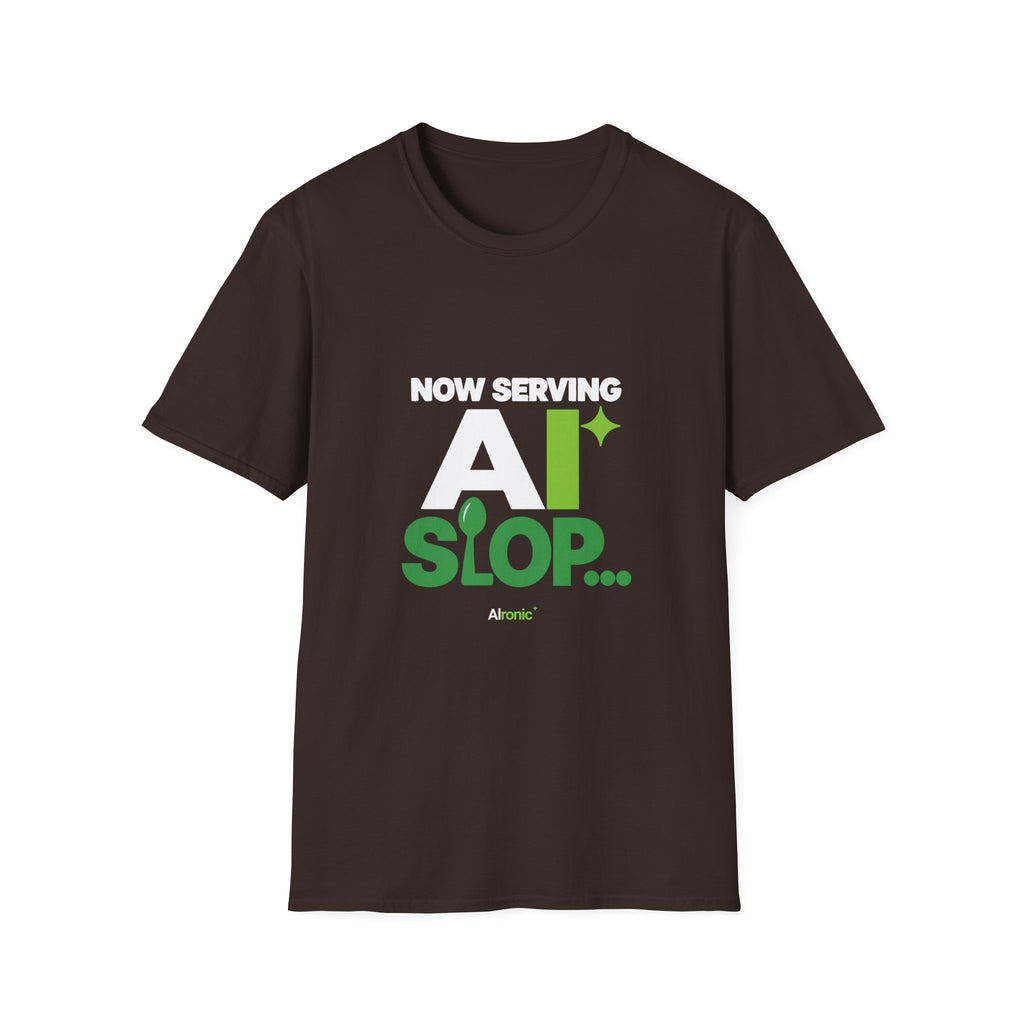 AIronic T-shirt featuring "Now Serving AI Slop" AI humor design, gallery view 4