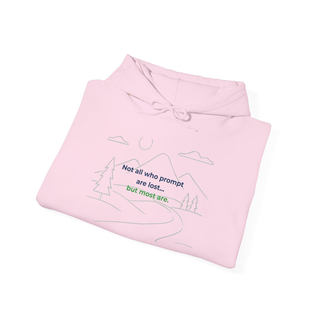 Hoodie featuring “Not All Who Prompt Are Lost” AI humor design by AIronic, gallery view 21