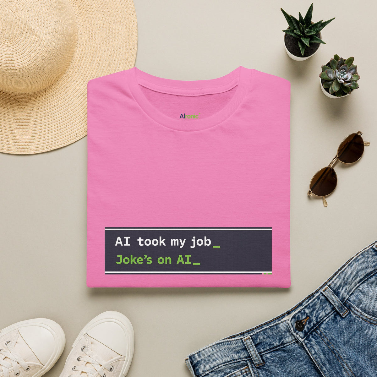 Azalea T-Shirt featuring "AI Took My Job - Joke’s on AI" AI humor design by AIronic, gallery view 10