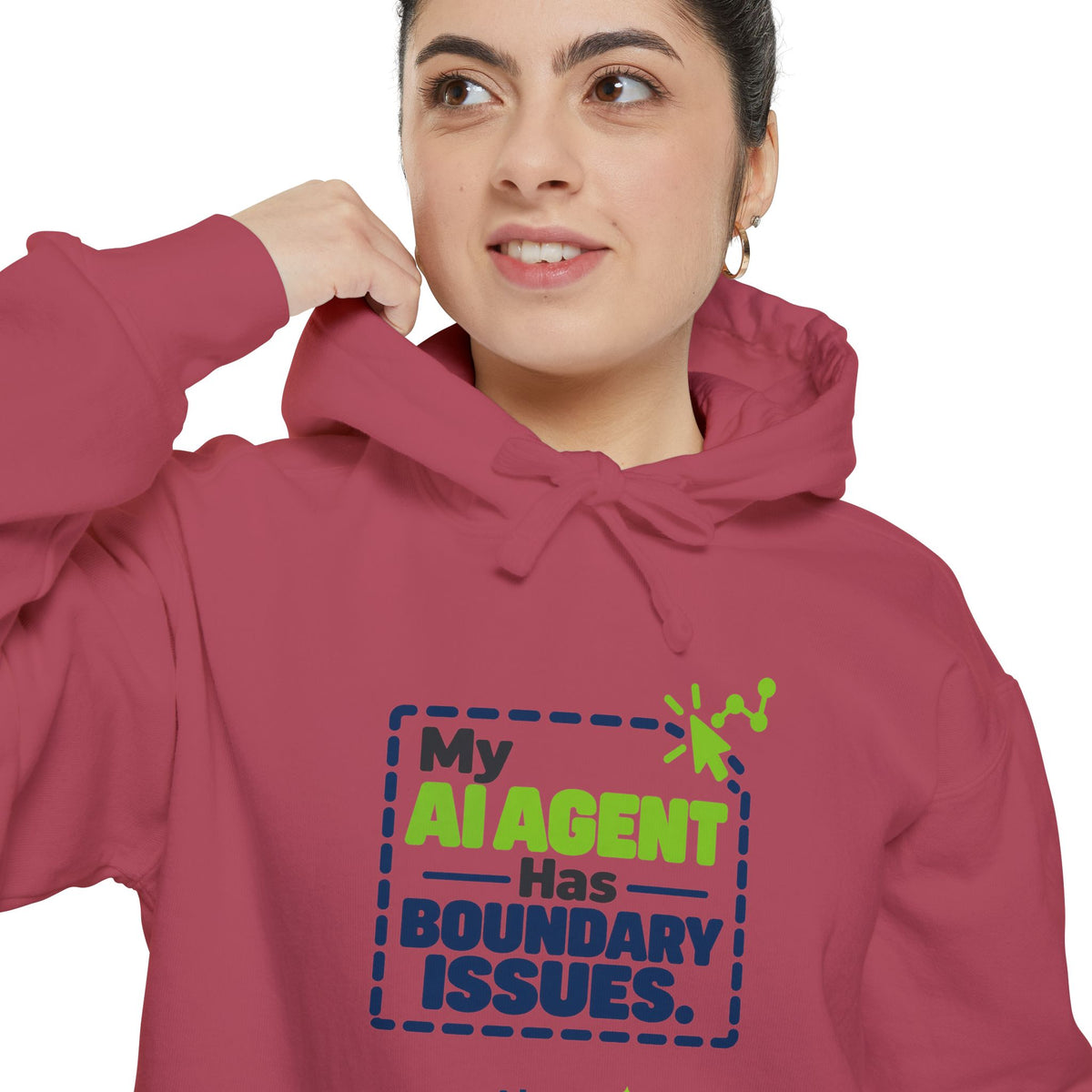 Flo Blue hoodie featuring “My AI agent has boundary issues” AI humor design by AIronic, catalog view 5