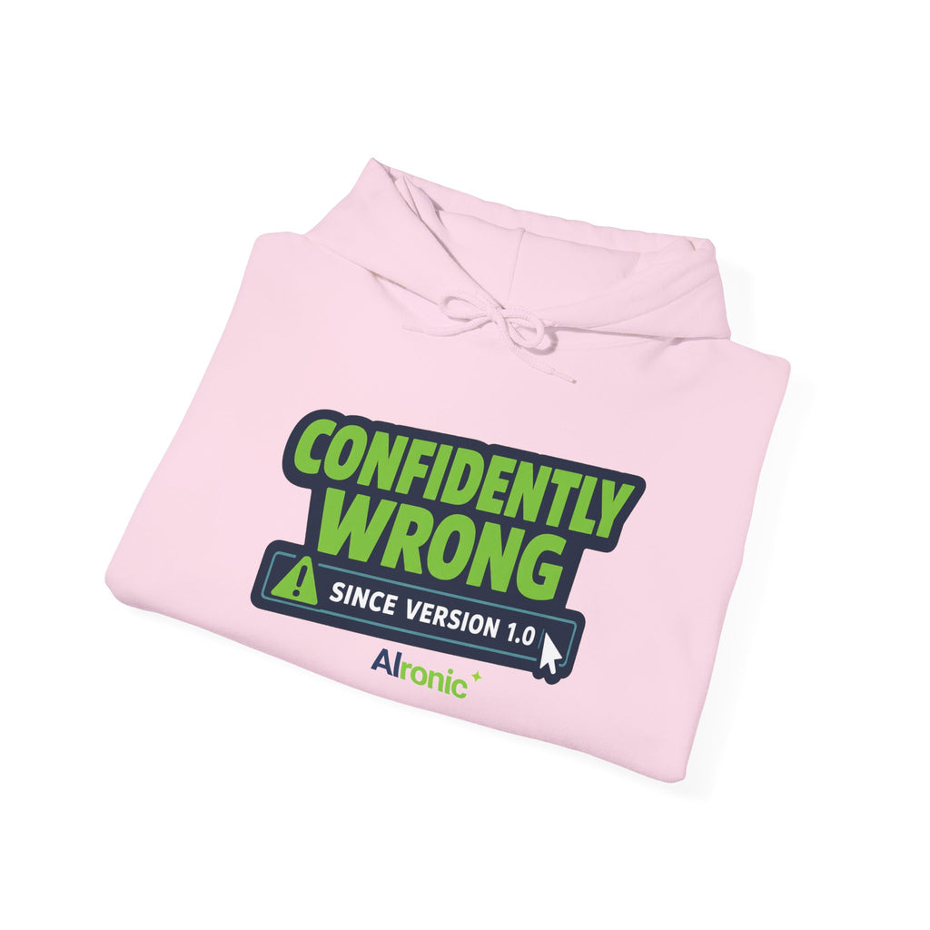 Hoodie featuring “Confidently Wrong Since Version 1.0” AI humor design by AIronic, gallery view 45