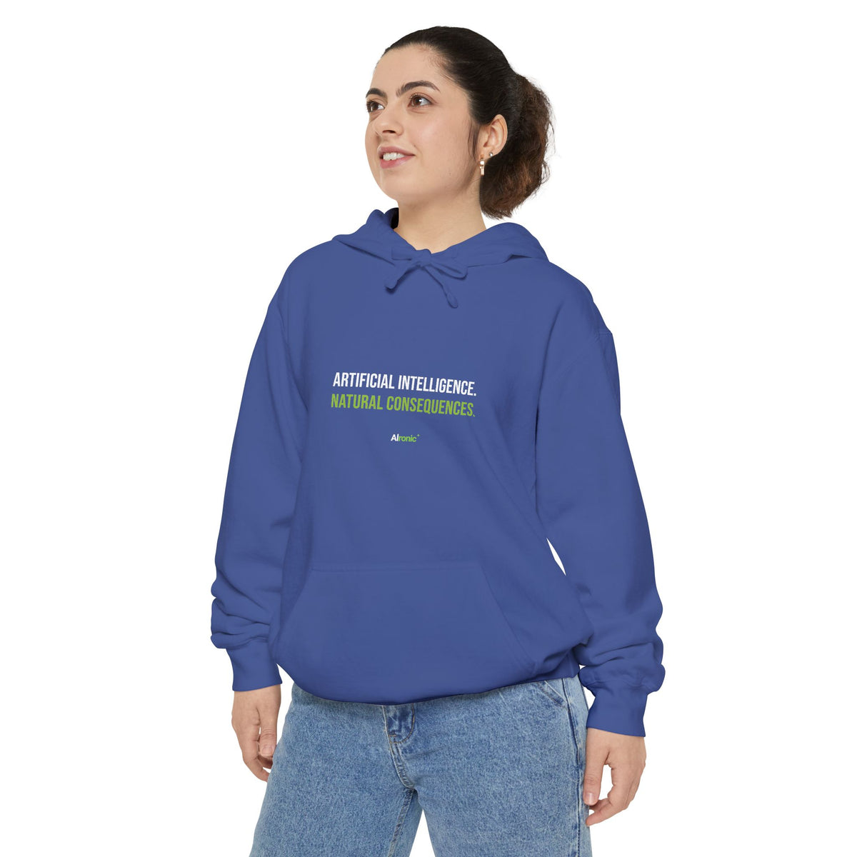 Grey hoodie featuring “Artificial intelligence. Natural consequences.” AI humor design by AIronic, catalog view 4