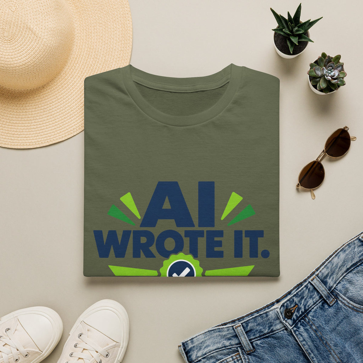 Military Green T-Shirt featuring "AI Wrote It. I Took the Credit." AI humor design by AIronic, gallery view 6