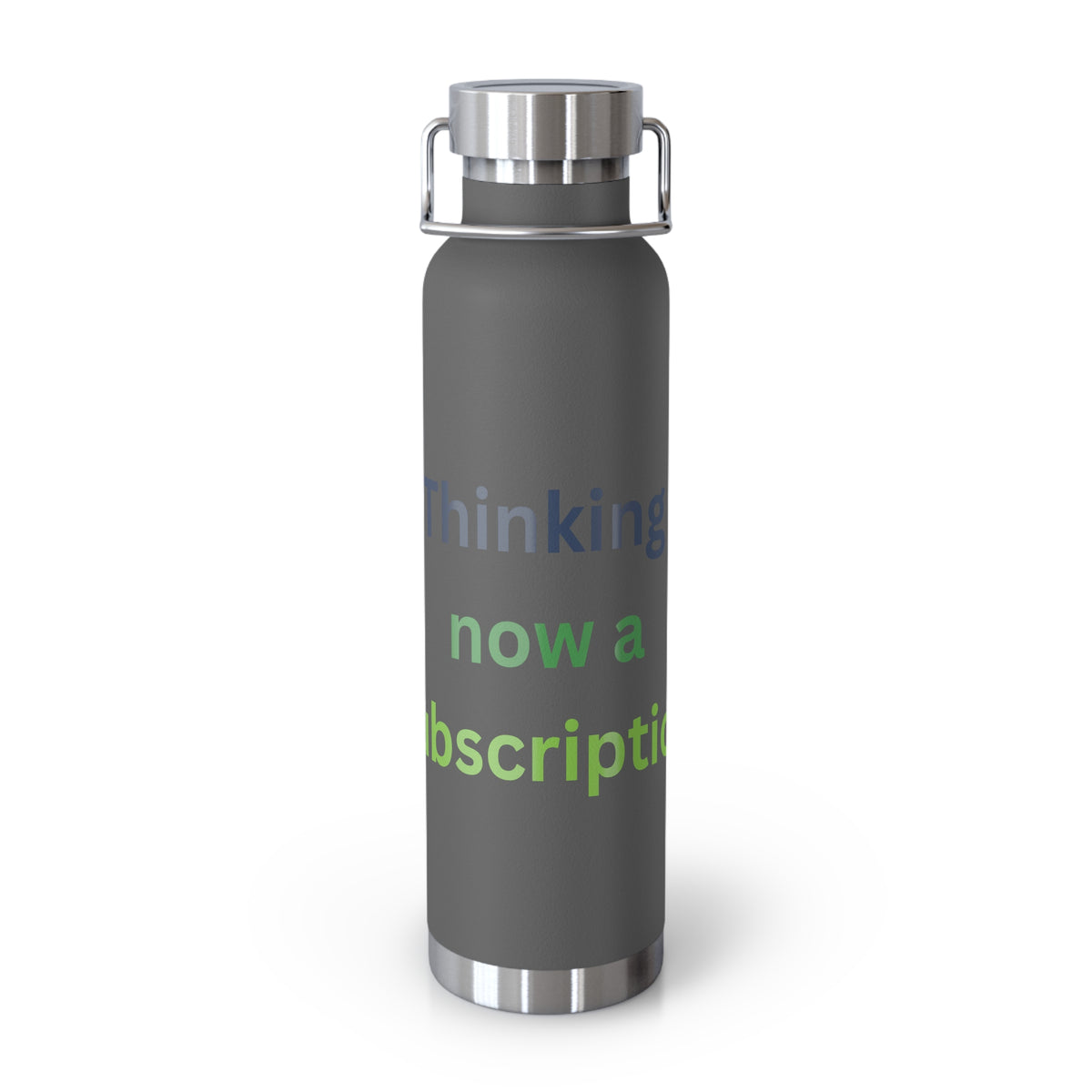 Grey Water Bottle featuring "Thinking Now a Subscription" AI humor design by AIronic, gallery view 3