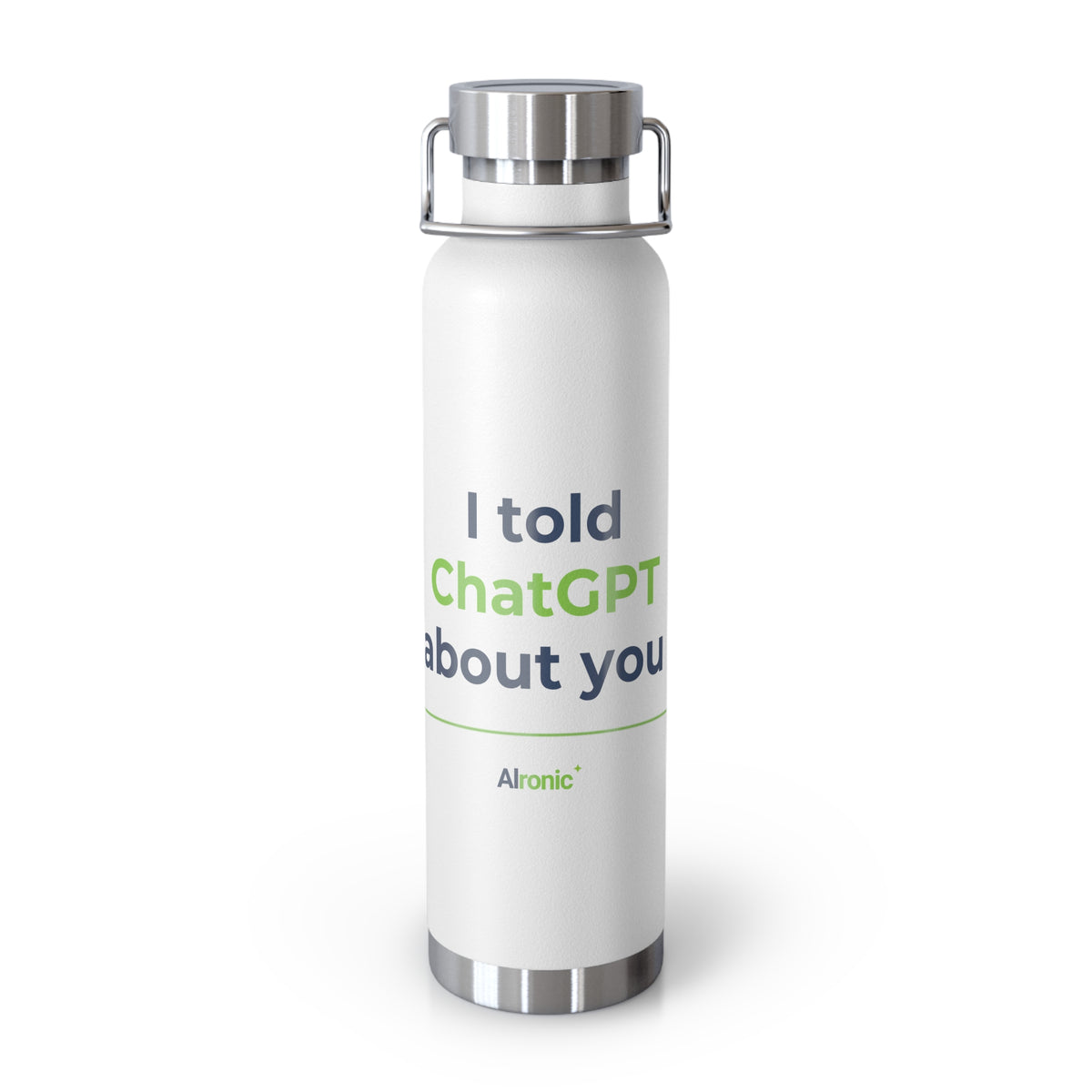 White Water Bottle featuring "I Told ChatGPT About You" AI humor design by AIronic, gallery view 1
