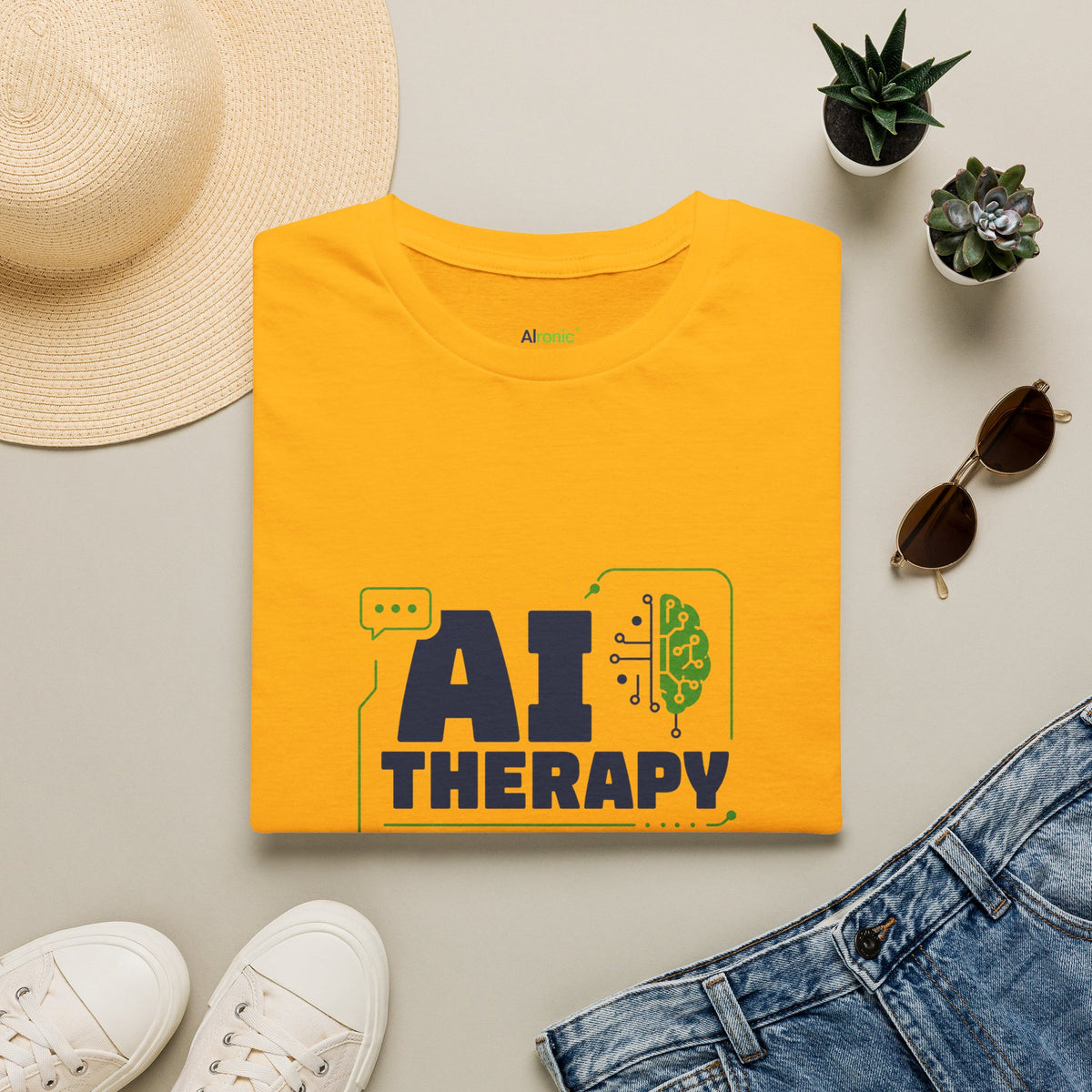 Gold T-Shirt featuring "AI Therapy" AI humor design by AIronic, gallery view 5
