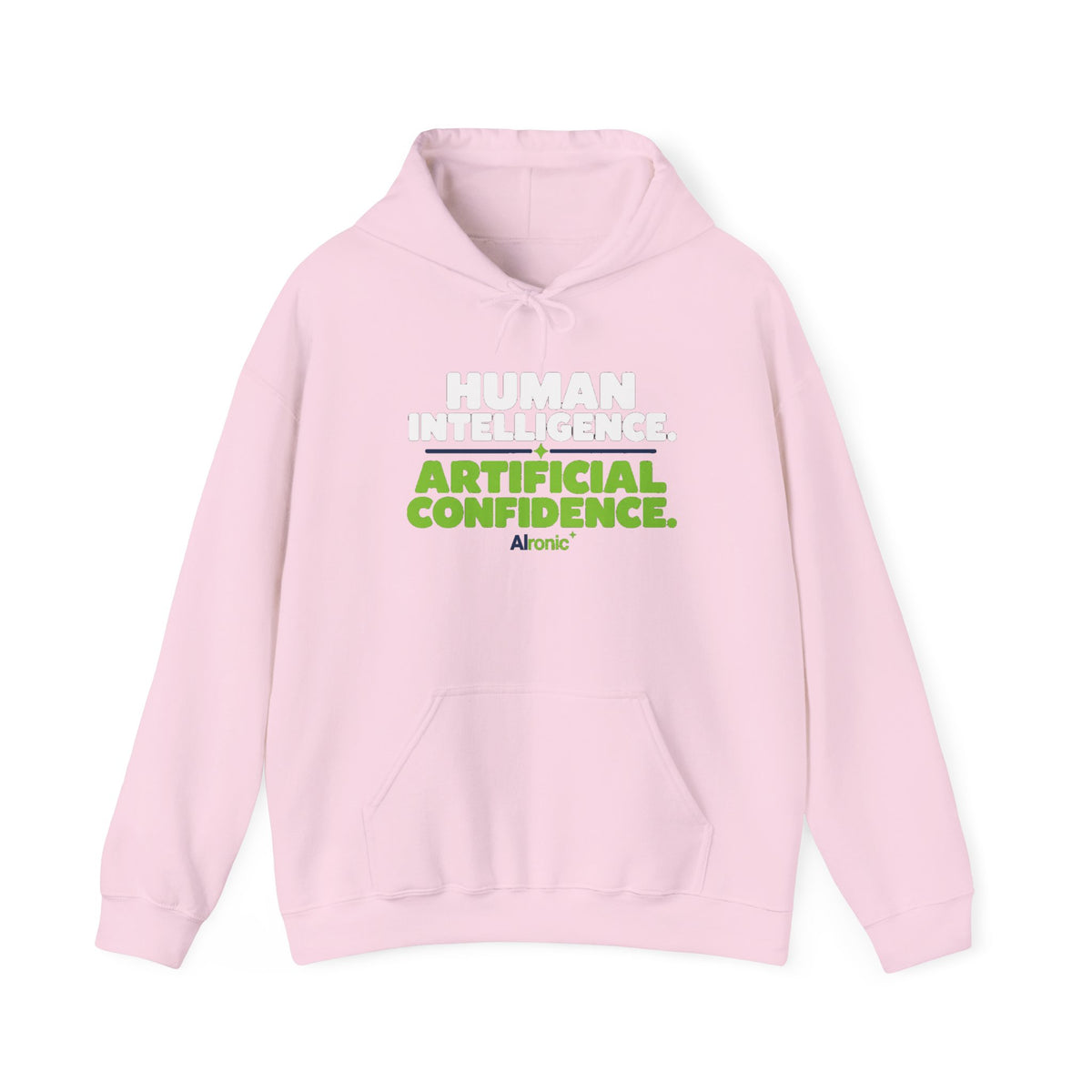 Light Pink Hoodie featuring "Human Intelligence. Artificial Confidence." AI humor design by AIronic, gallery view 10