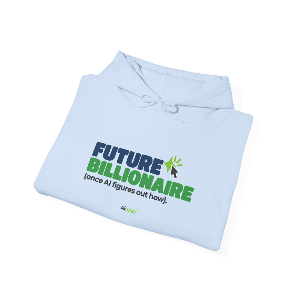 Dark Chocolate hoodie featuring “Future billionaire, once AI figures out how” AI humor design by AIronic, catalog view 4