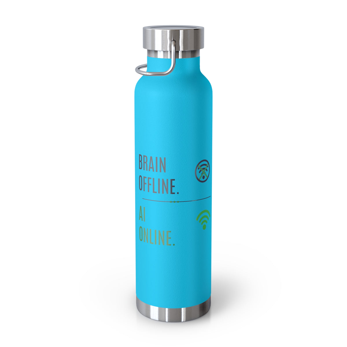 Pebble Blue Water Bottle featuring "Brain Offline, AI Online" AI humor design by AIronic, gallery view 7