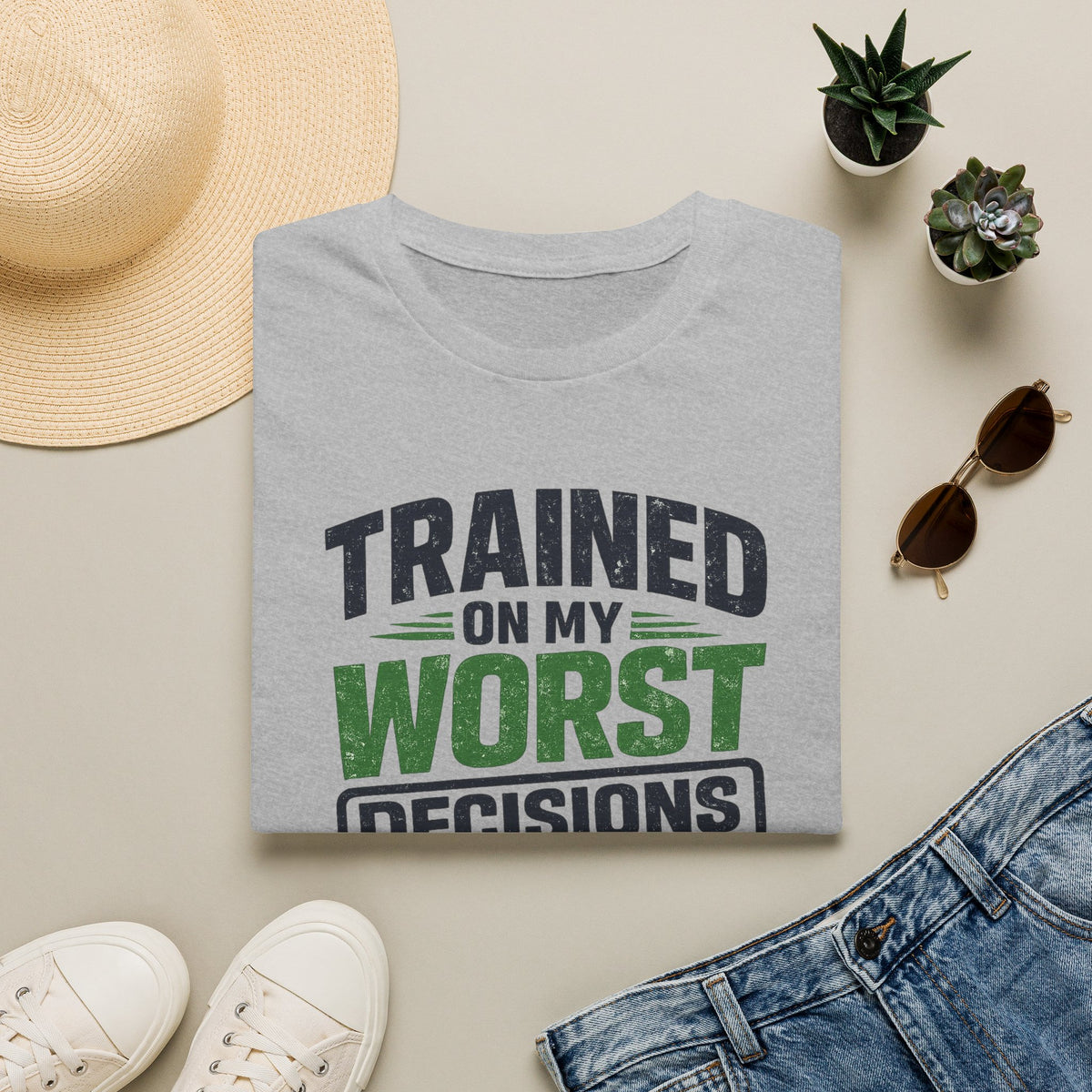 Sport Grey T-Shirt featuring "Trained on My Worst Decisions Fitness" AI humor design by AIronic, gallery view 4
