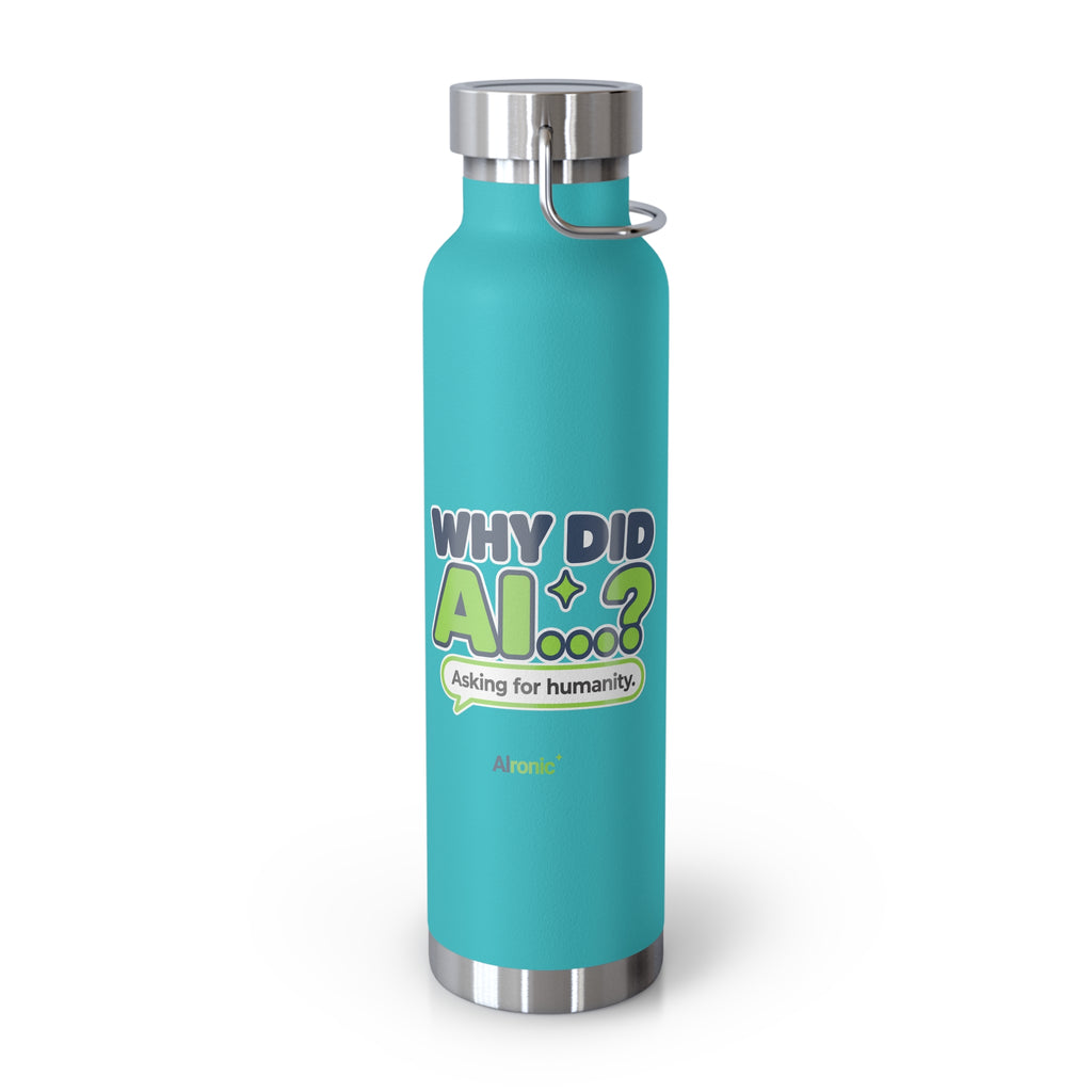Navy water bottle featuring “Why did AI...?” AI humor design by AIronic, catalog view 3
