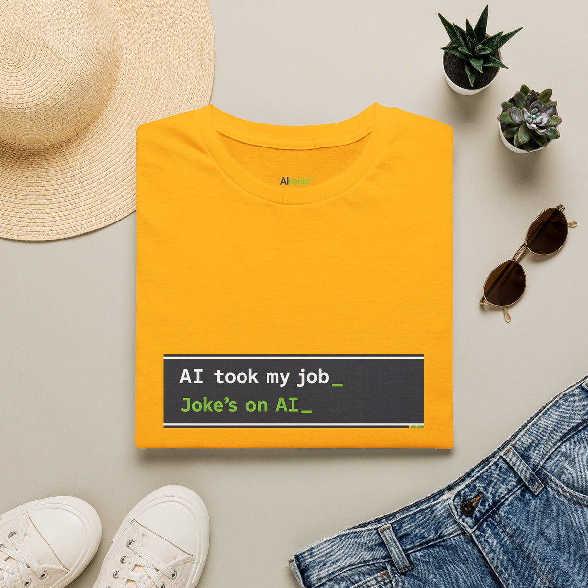 Gold T-Shirt featuring "AI Took My Job - Joke’s on AI" AI humor design by AIronic, gallery view 5