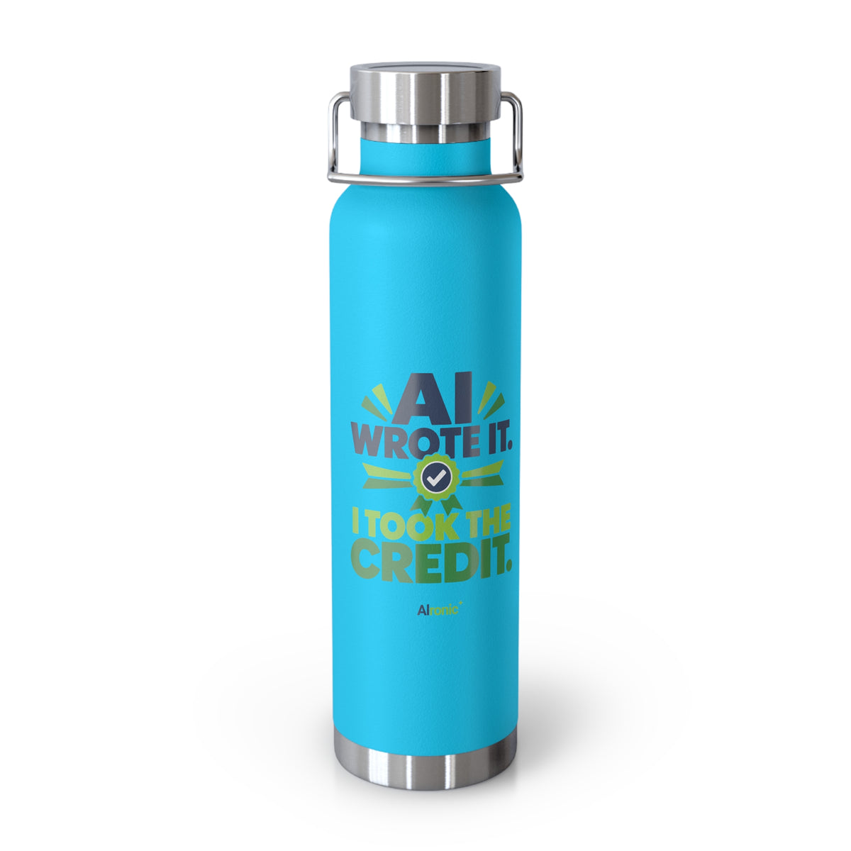 Pebble Blue Water Bottle featuring "AI Wrote It. I Took the Credit." AI humor design by AIronic, gallery view 7