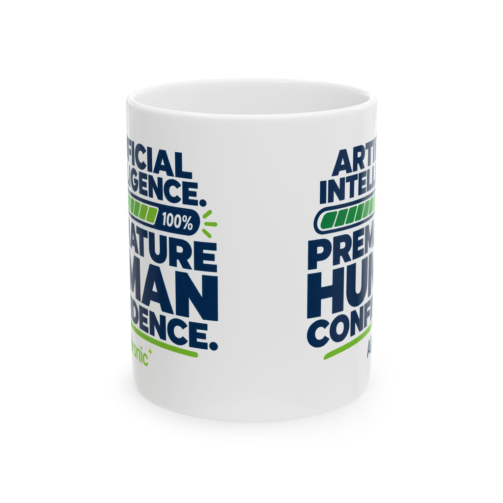 AIronic mug featuring "Premature Human Confidence" AI humor design, gallery view 3