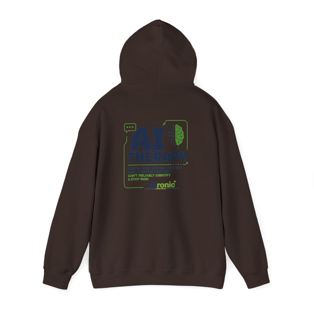 Hoodie featuring “AI Therapy” AI humor design by AIronic, gallery view 29
