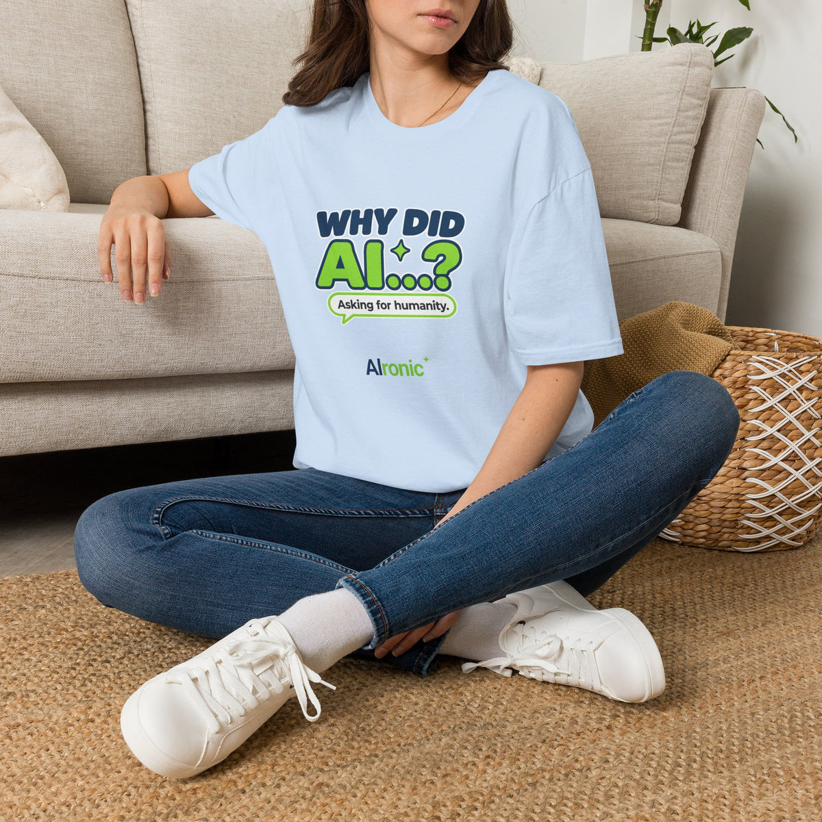 Light Blue T-shirt featuring “Why did AI...?” AI humor design by AIronic, catalog view 1