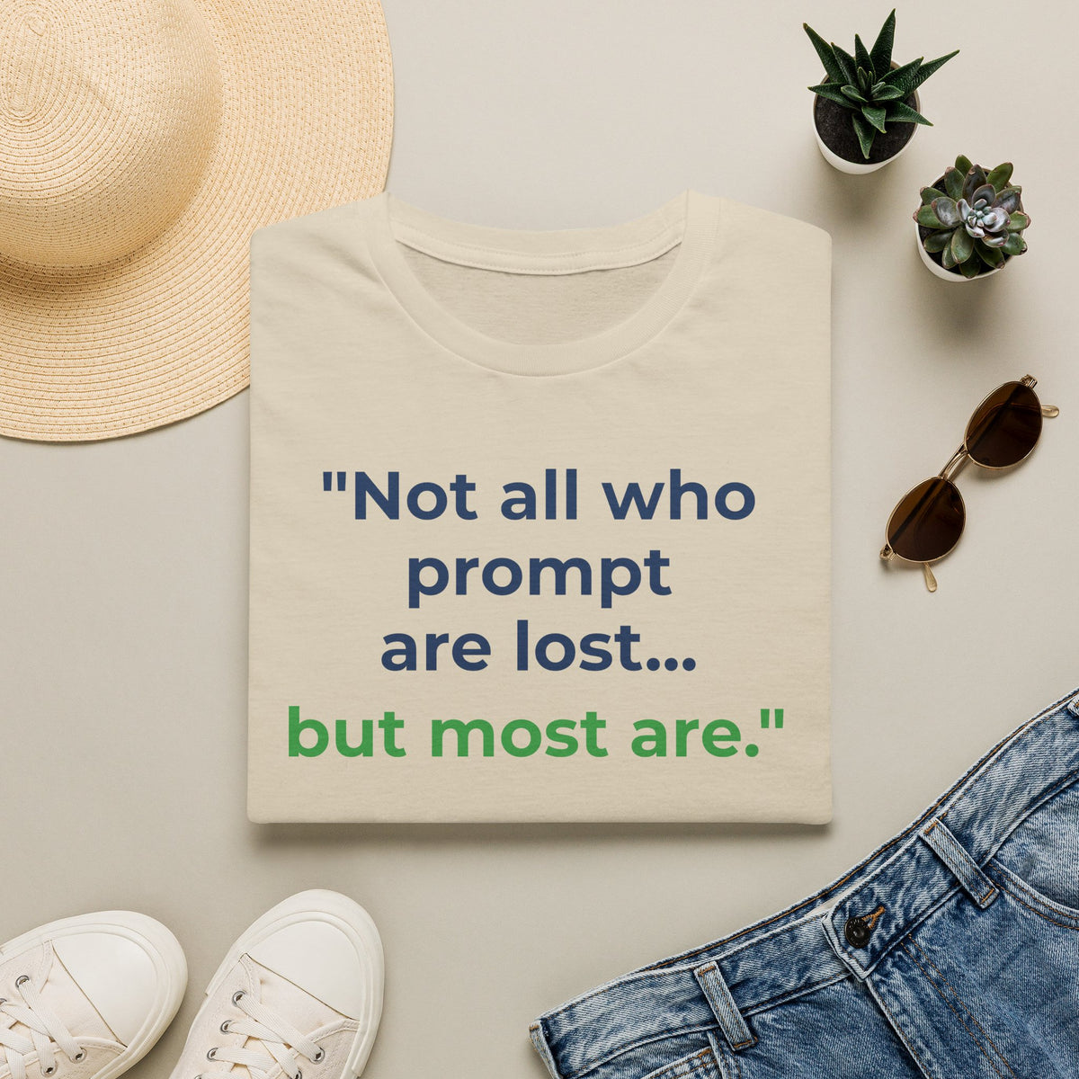 Sand T-Shirt featuring "Not All Who Prompt Are Lost" AI humor design by AIronic, gallery view 3