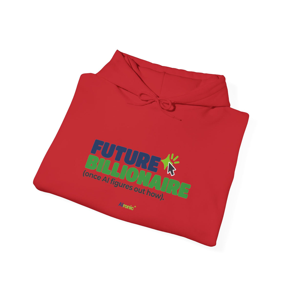 Navy hoodie featuring “Future billionaire, once AI figures out how” AI humor design by AIronic, catalog view 5