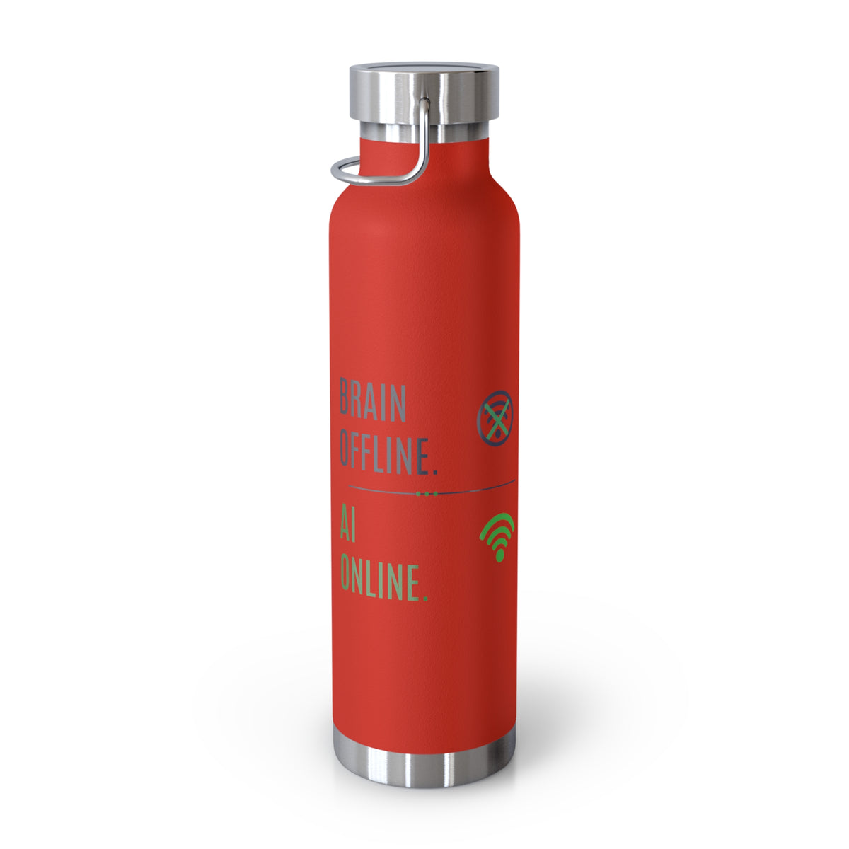 Red Water Bottle featuring "Brain Offline, AI Online" AI humor design by AIronic, gallery view 2