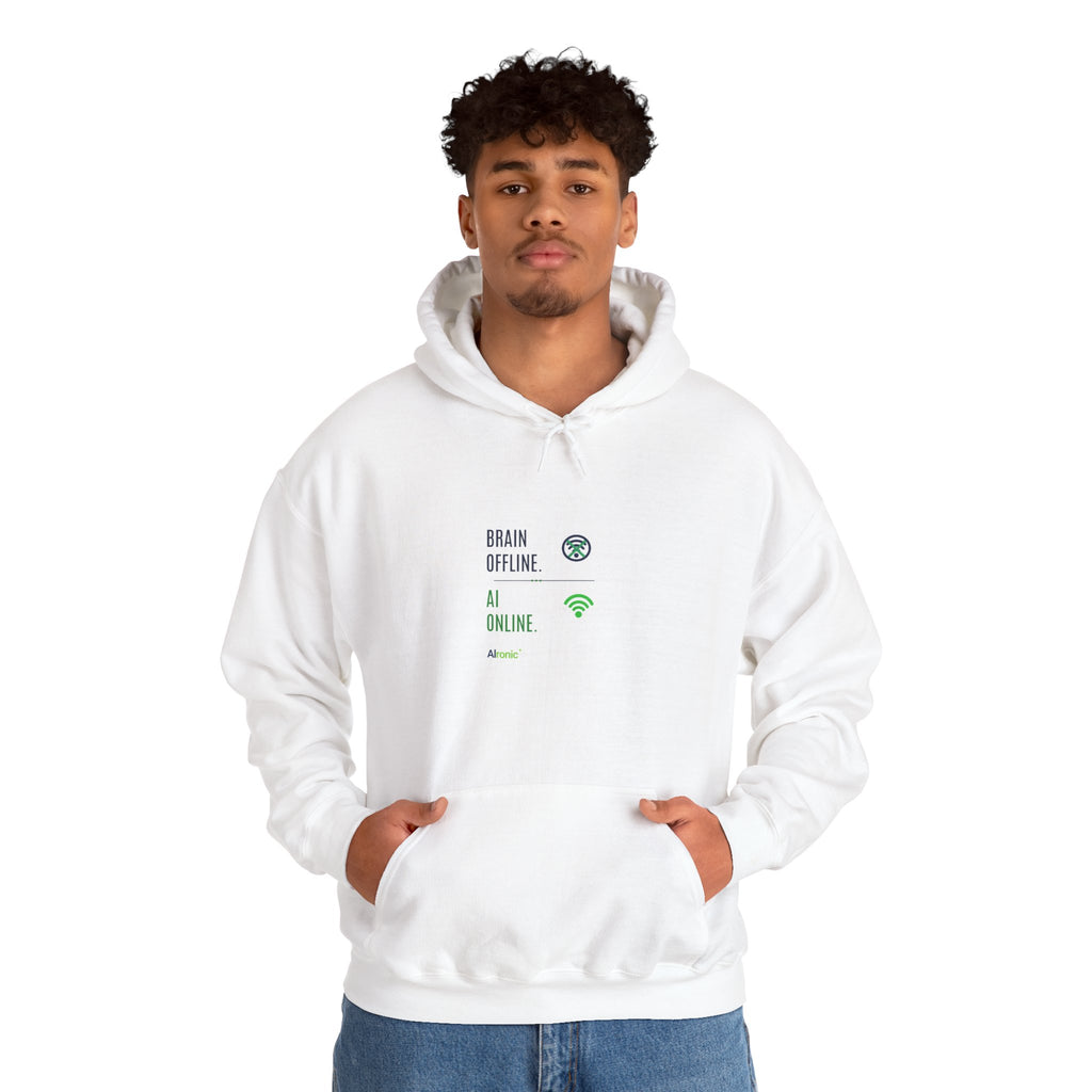 Hoodie featuring "Brain Offline, AI Online" AI humor design by AIronic, gallery view 17