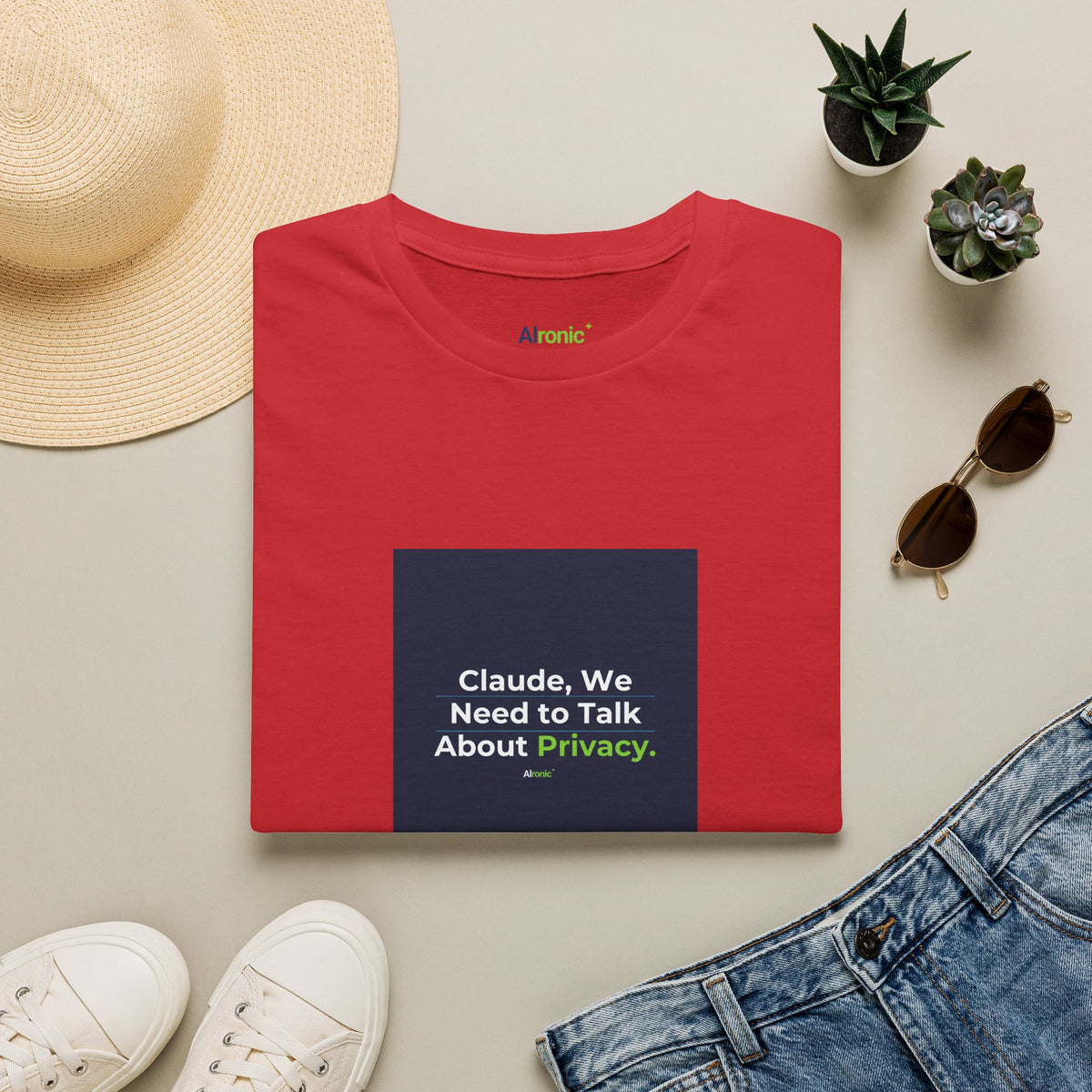 Red T-Shirt featuring "Claude Privacy" AI humor design by AIronic, gallery view 12