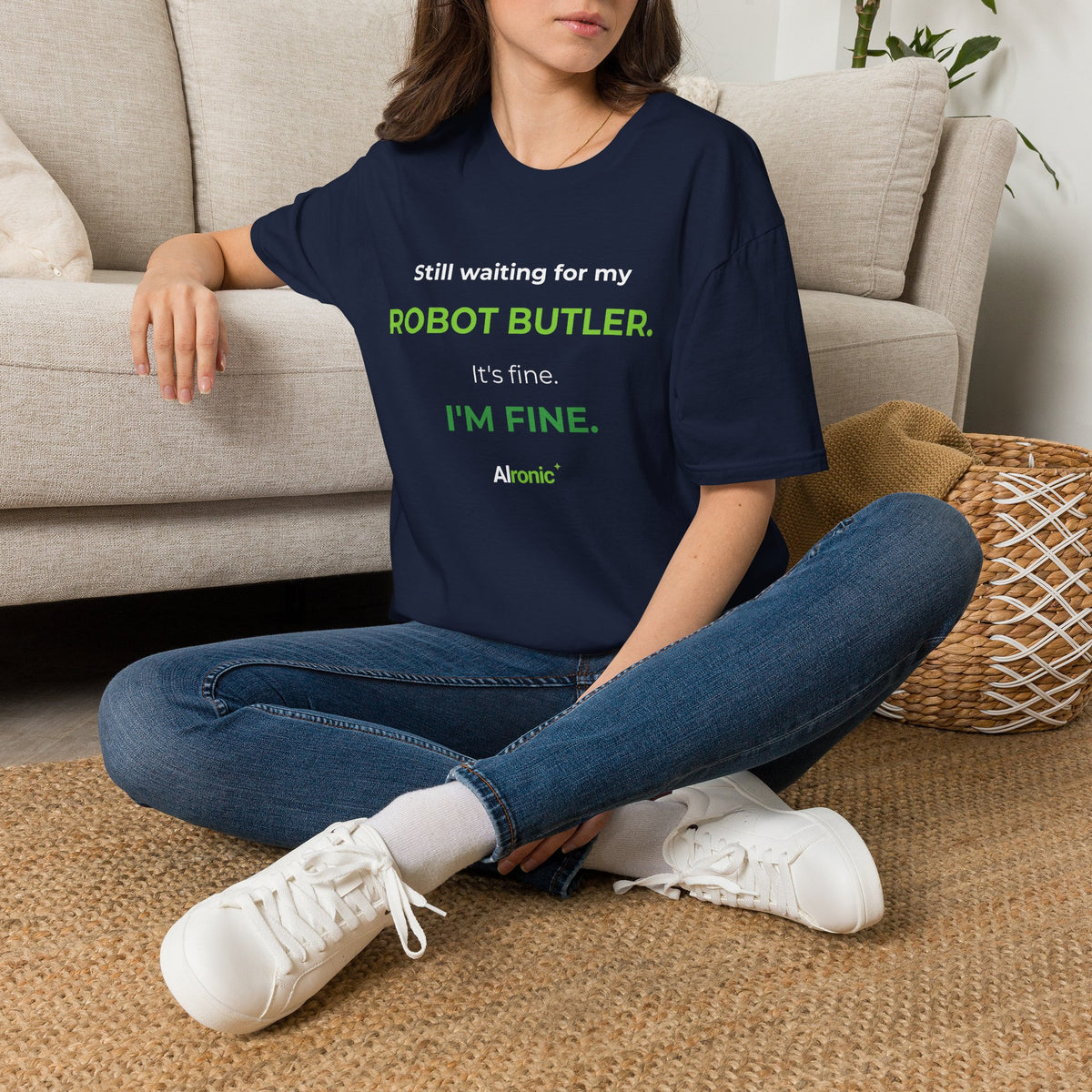 Navy T-shirt featuring “Still waiting for my robot butler” AI humor design by AIronic, catalog view 1