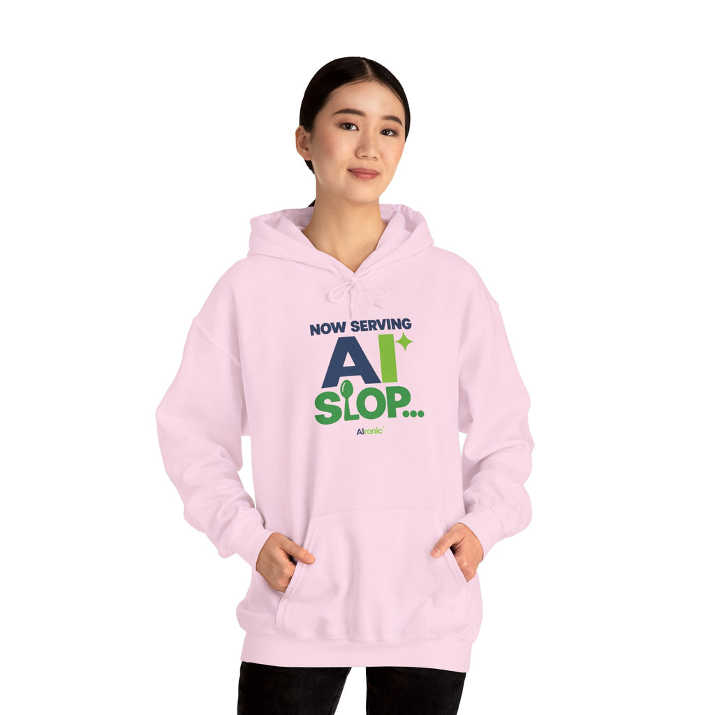 AIronic hoodie featuring "Now Serving AI Slop" AI humor design, gallery view 45