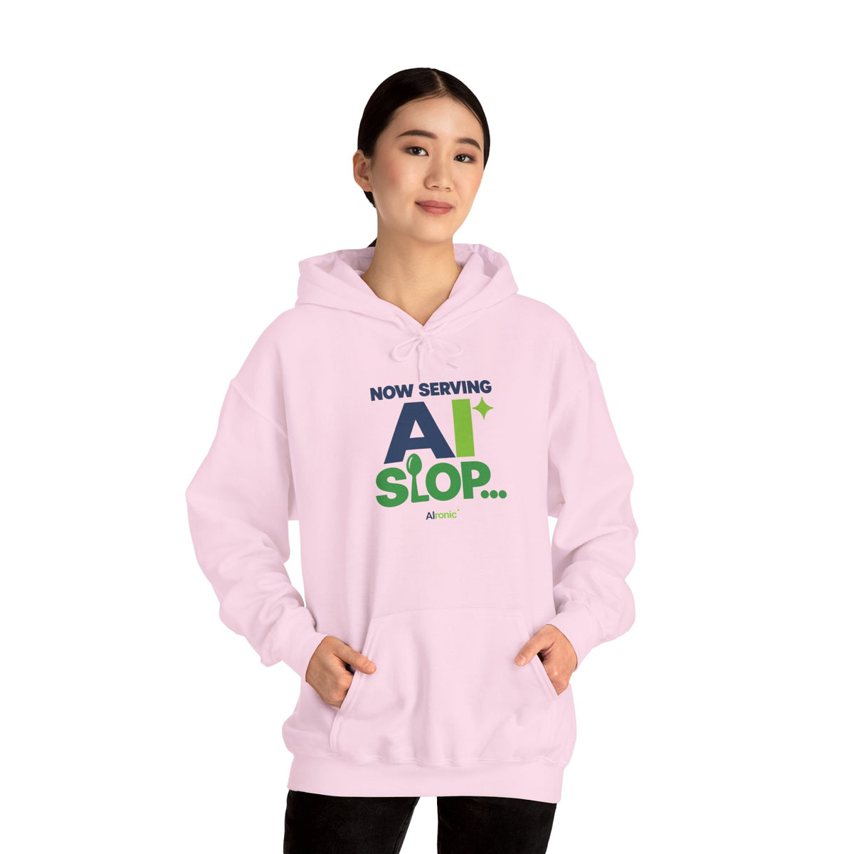 AIronic hoodie featuring "Now Serving AI Slop" AI humor design, gallery view 45