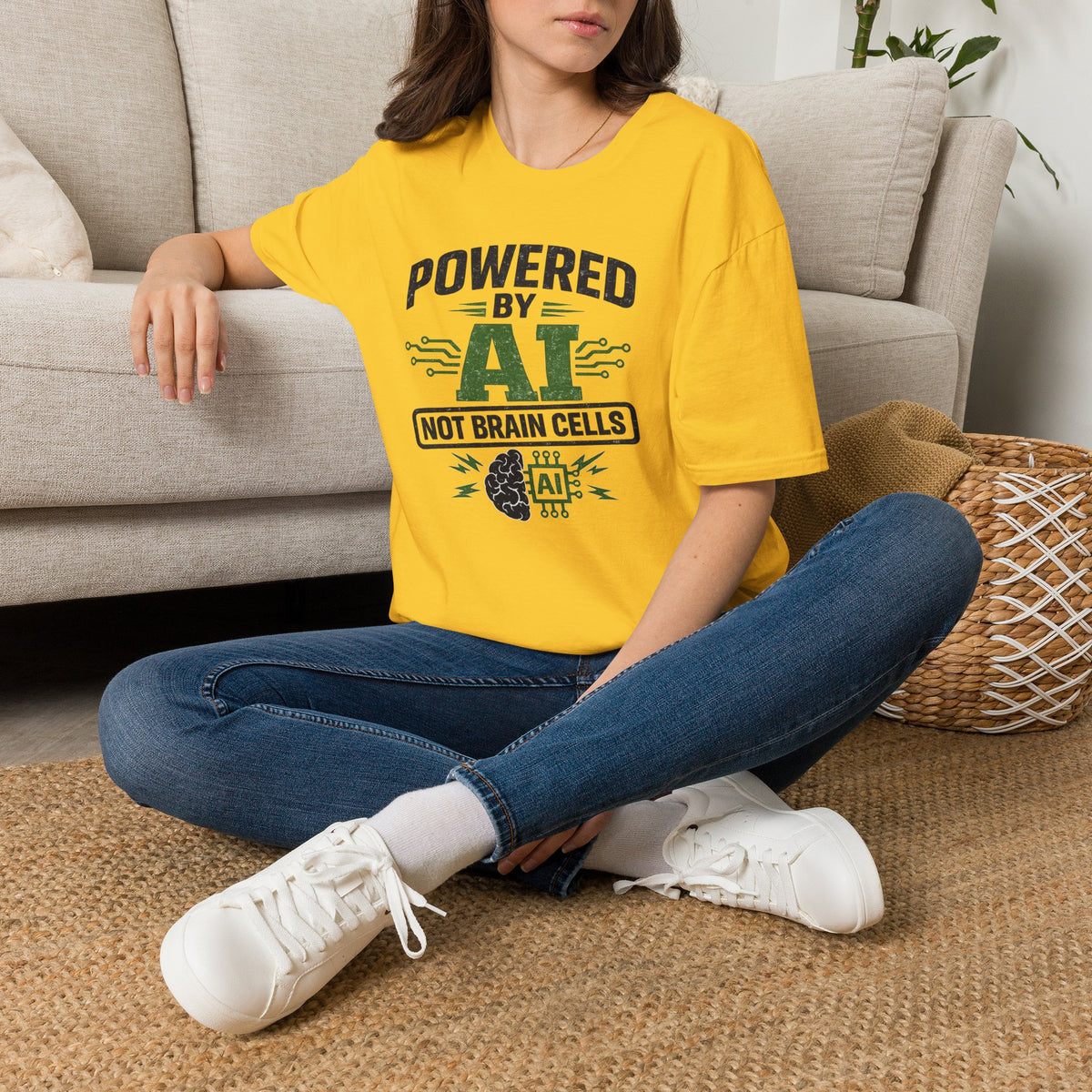 T-Shirt featuring "Powered by AI" AI humor design by AIronic, gallery view 31