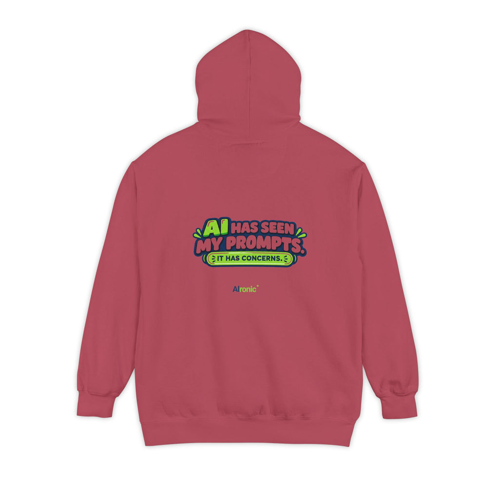 True Navy hoodie featuring “AI has seen my prompts. It has concerns” AI humor design by AIronic, catalog view 4