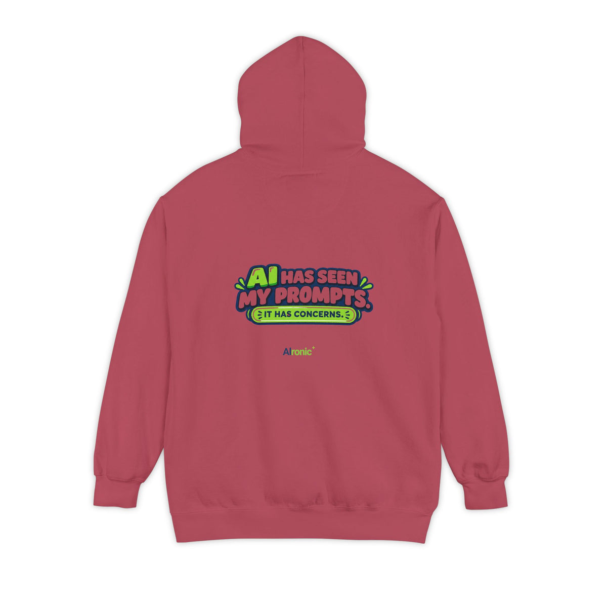 True Navy hoodie featuring “AI has seen my prompts. It has concerns” AI humor design by AIronic, catalog view 4