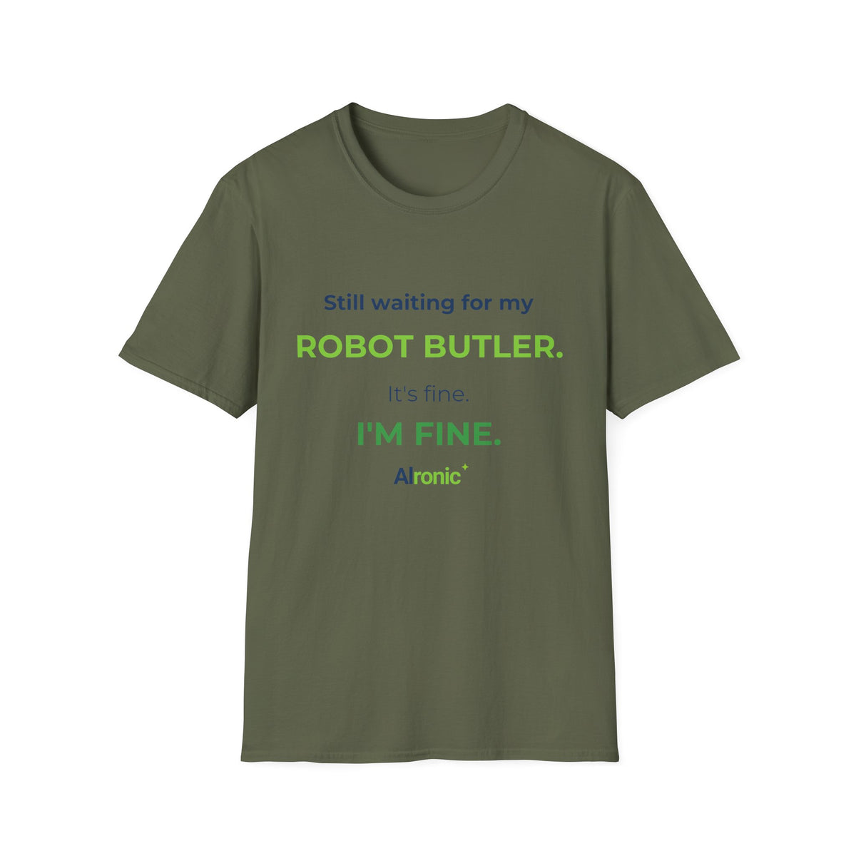 Navy T-shirt featuring “Still waiting for my robot butler” AI humor design by AIronic, catalog view 3
