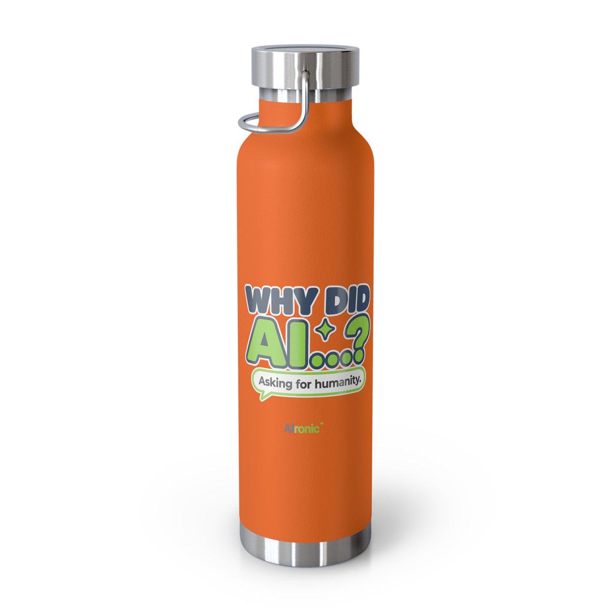 Mint Green water bottle featuring “Why did AI...?” AI humor design by AIronic, catalog view 3