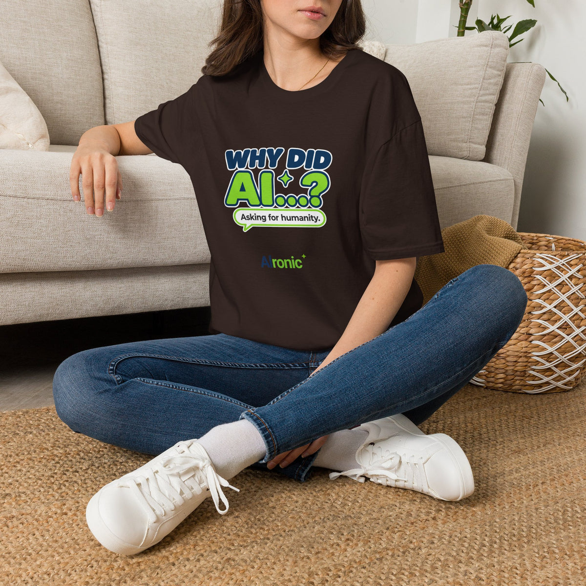 Dark Chocolate T-shirt featuring “Why did AI...?” AI humor design by AIronic, catalog view 1