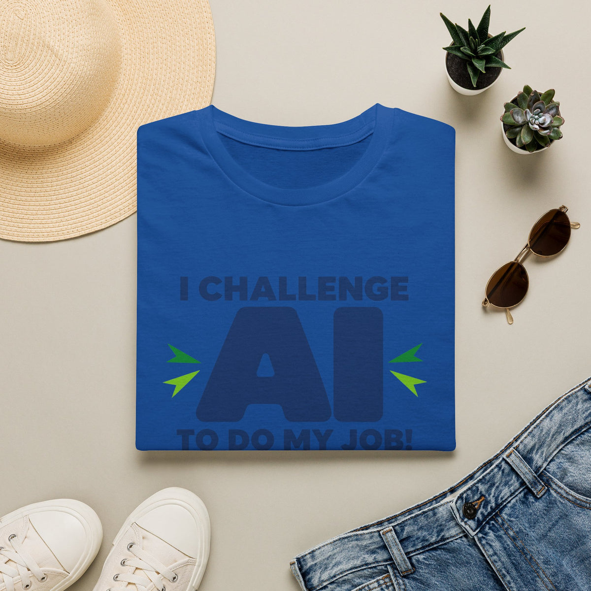 Royal T-shirt featuring "I Challenge AI to Do My Job" by AIronic, product view 9