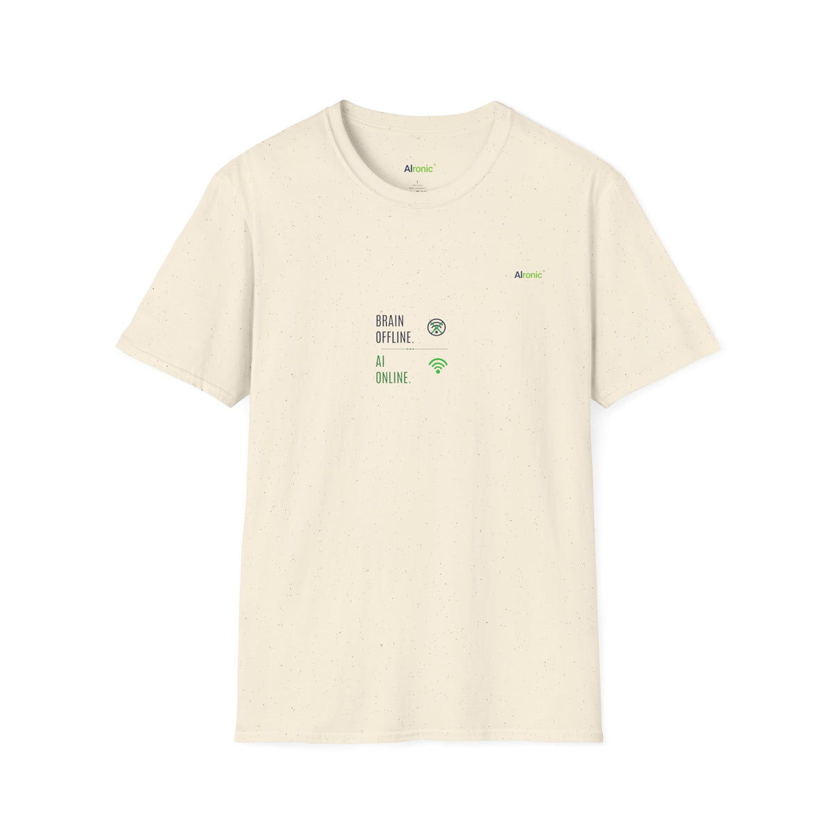 T-Shirt featuring "Brain Offline, AI Online" AI humor design by AIronic, gallery view 29