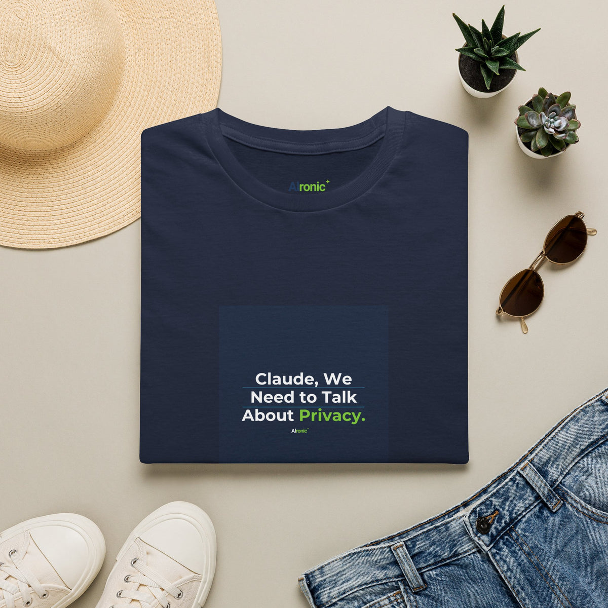 Navy T-Shirt featuring "Claude Privacy" AI humor design by AIronic, gallery view 9