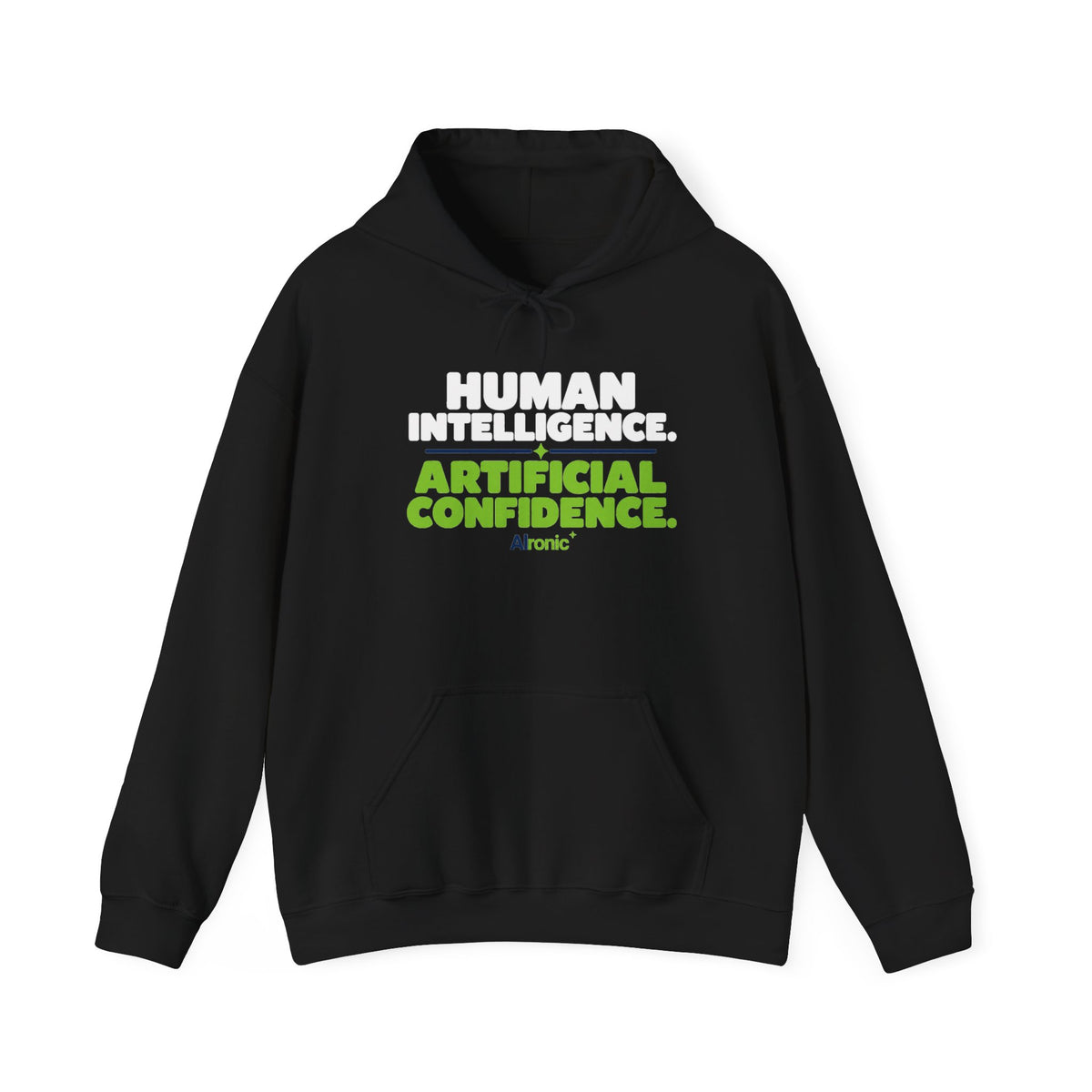 Black Hoodie featuring "Human Intelligence. Artificial Confidence." AI humor design by AIronic, gallery view 2