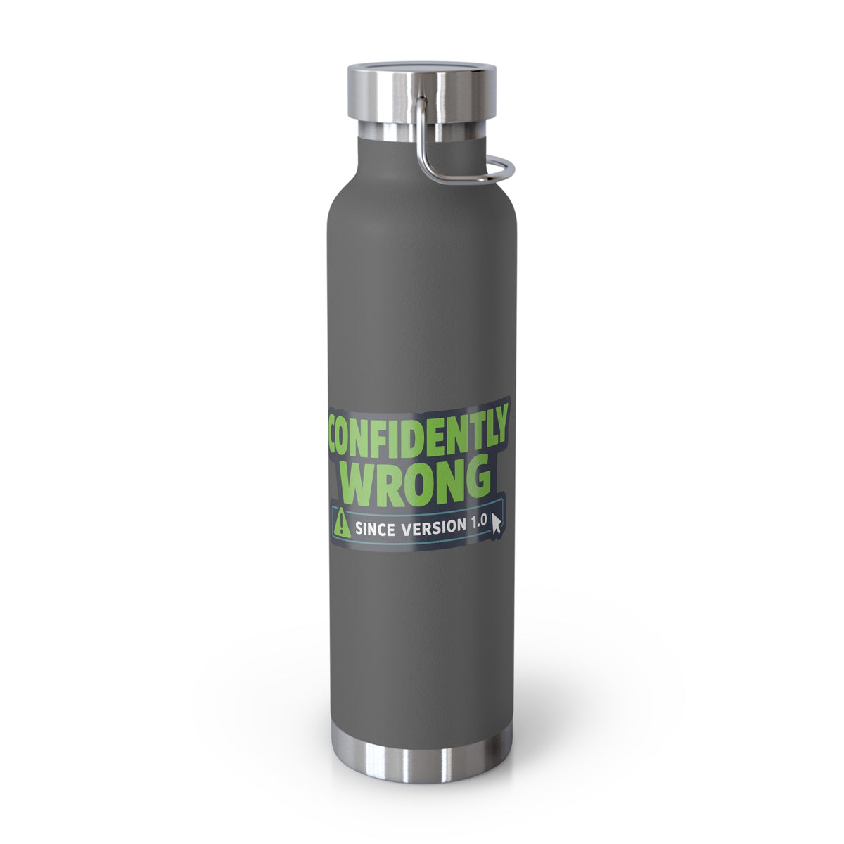 Grey Water Bottle featuring "Confidently Wrong" AI humor design by AIronic, gallery view 3