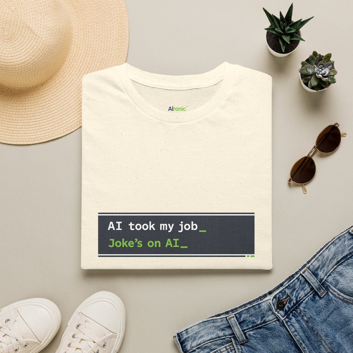 Natural T-Shirt featuring "AI Took My Job - Joke’s on AI" AI humor design by AIronic, gallery view 6