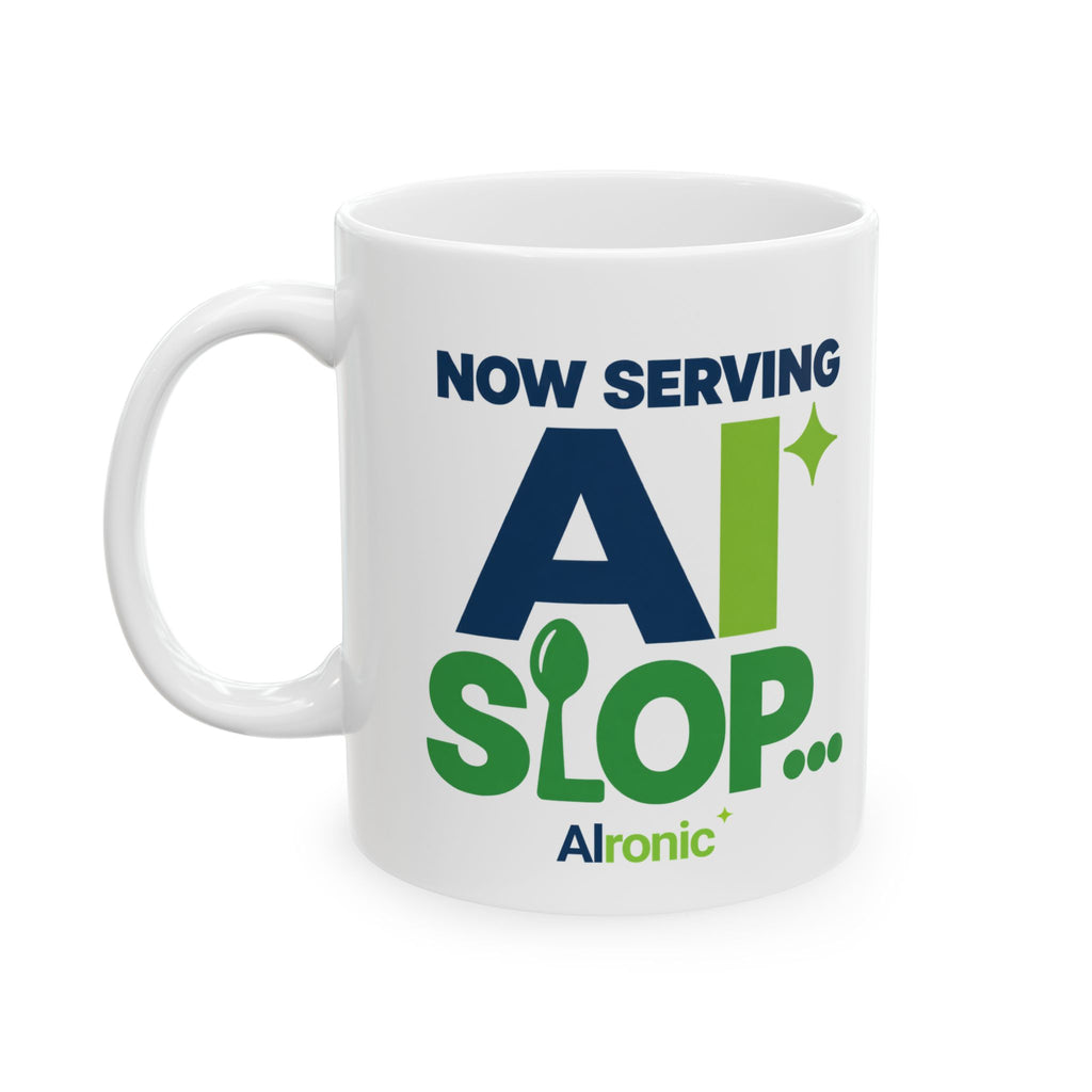 AIronic mug featuring "Now Serving AI Slop" AI humor design, gallery view 1