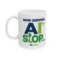 AIronic mug featuring "Now Serving AI Slop" AI humor design, gallery view 1